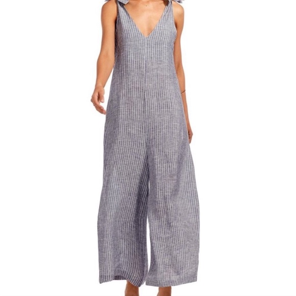Vitamin A Pants - Vitamin A Marina Linen Striped Wide Leg Jumpsuit Romper Swim Cover-Up sz L